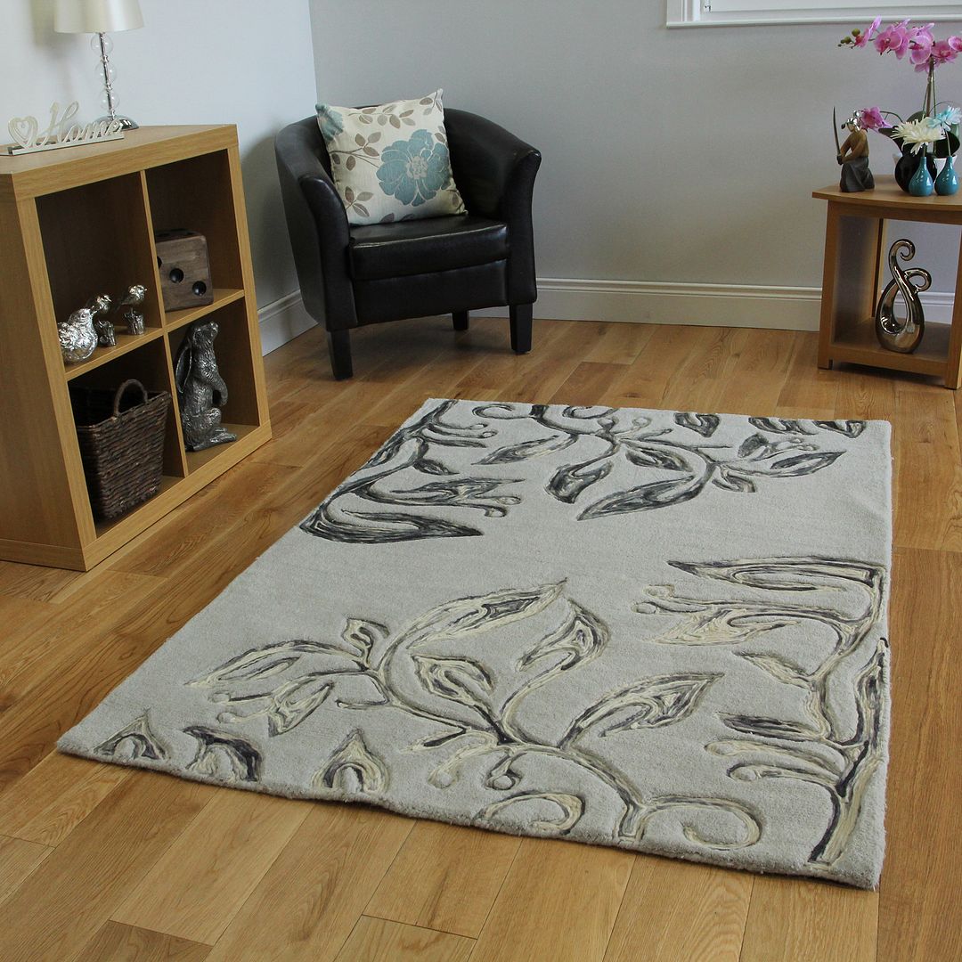 Thick Hand Carved 3D Floral Design Slate Grey Area Rug Modern Soft Wool